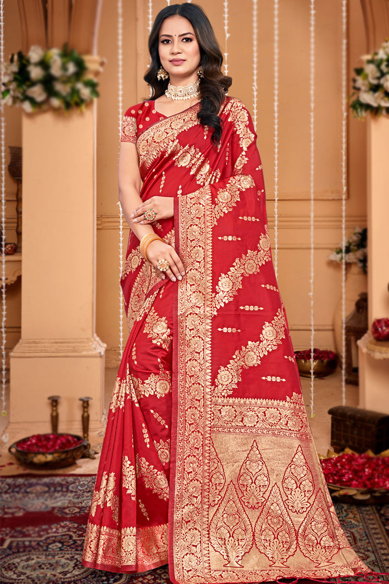 Woven Zari Chilly Red Silk Saree For Sangeet
