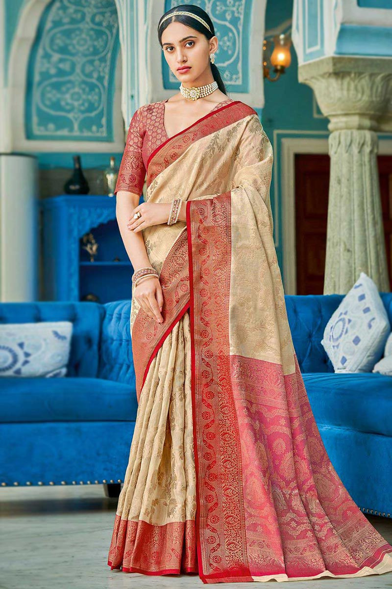 Dark Beige Satin Woven Zari Saree|SARV145330