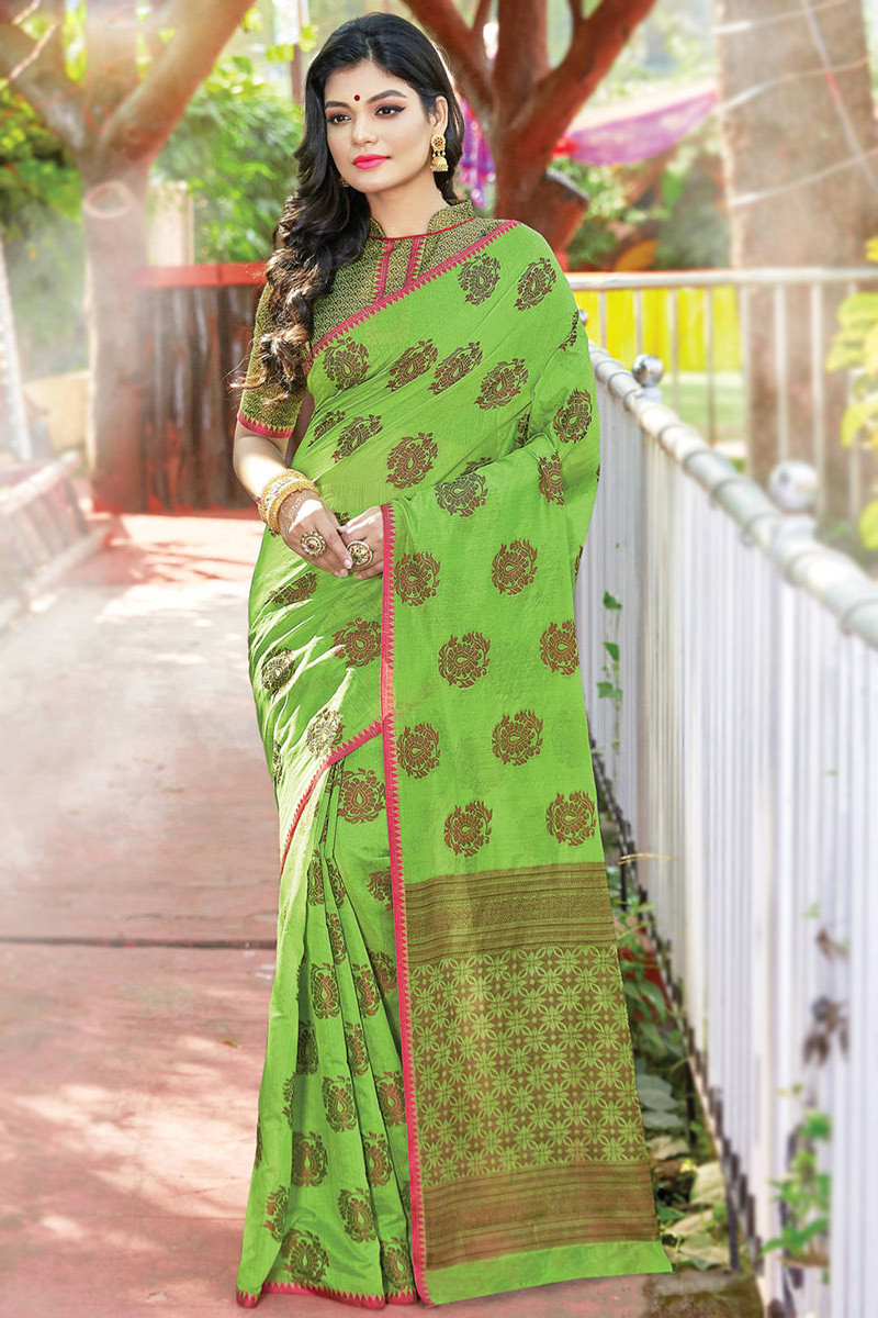 Parrot green with pink silk cotton saree – www.kosigam.com