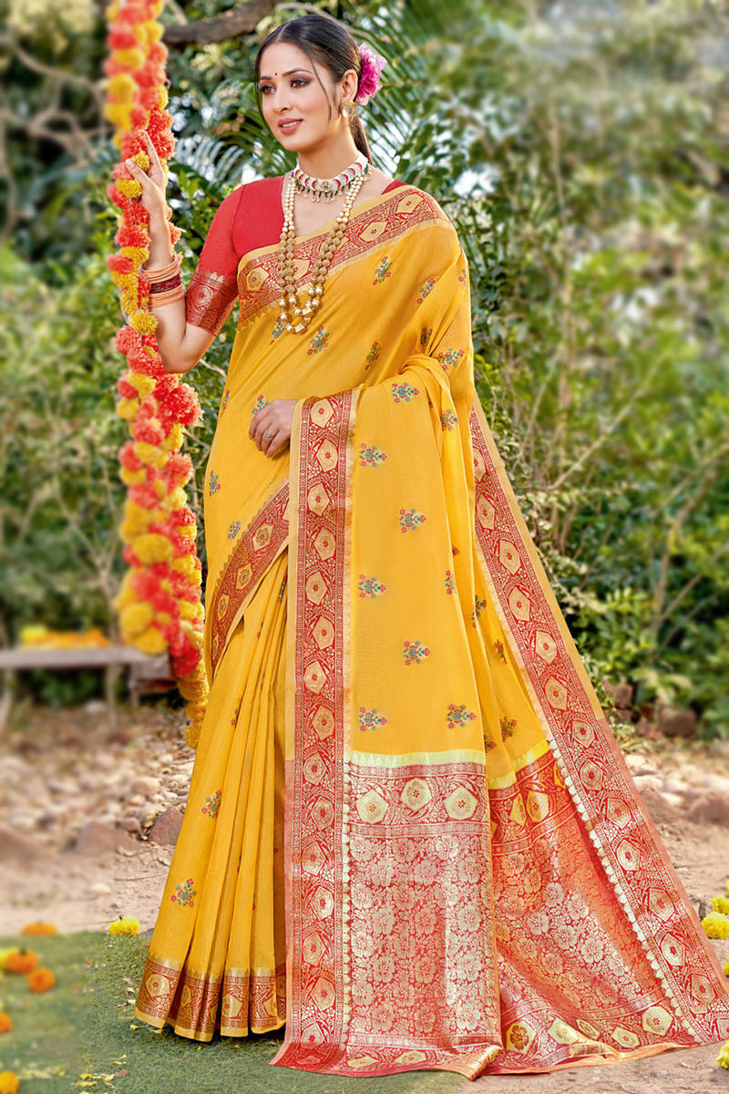 Buy Mustard and Red Silk Trendy Saree with Embroidered Work for Ceremonial  Online -