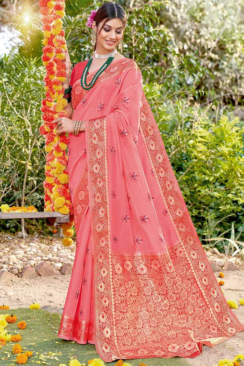 Lowest Price Coral Pink Cotton Silk Woven Zari Saree SARV128917