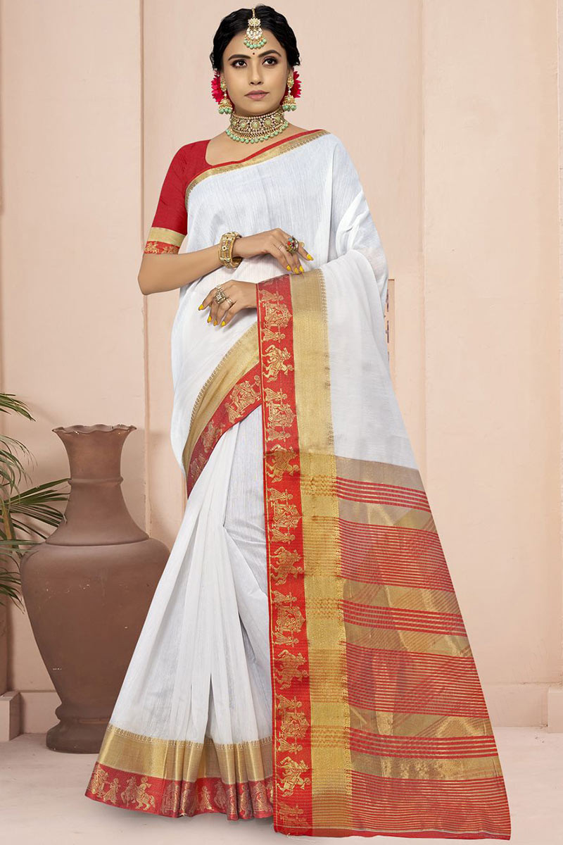 White With Floral Embroidery Work Raw Cotton Saree. | Jolly Silks - The  Destination Of Silks | Online shopping site - Jolly Silks