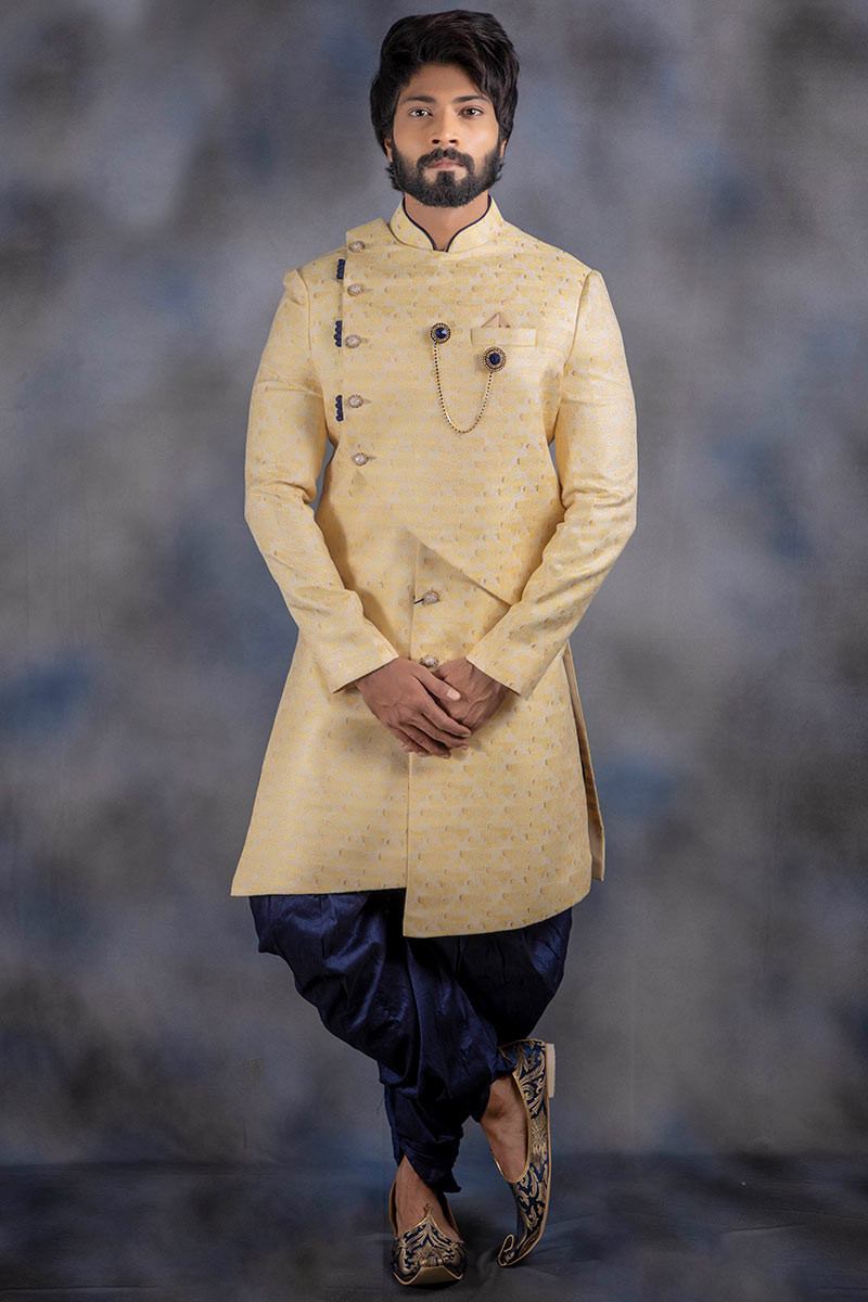 Woven Zari Cream Indo Western Men s Sherwani