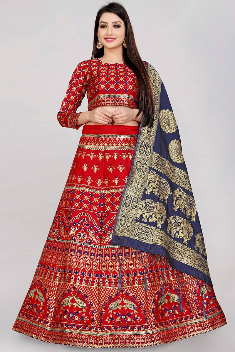 Woven Zari Elaborated Red Lehenga Choli 