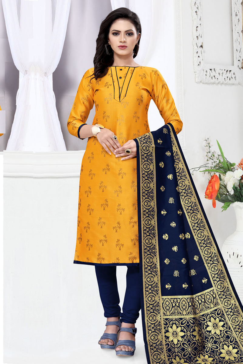 Woven Zari Embroidered Soft Silk Mustard Yellow Churidar Suit