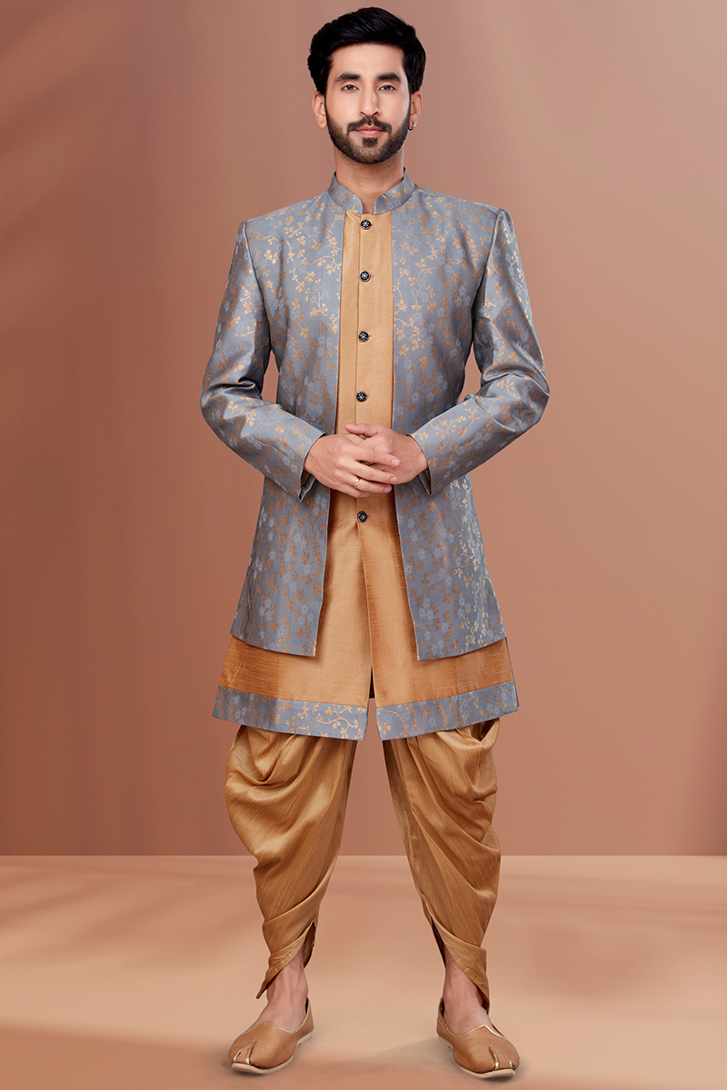 Woven Zari Grey Dupion Silk Men Sherwani
