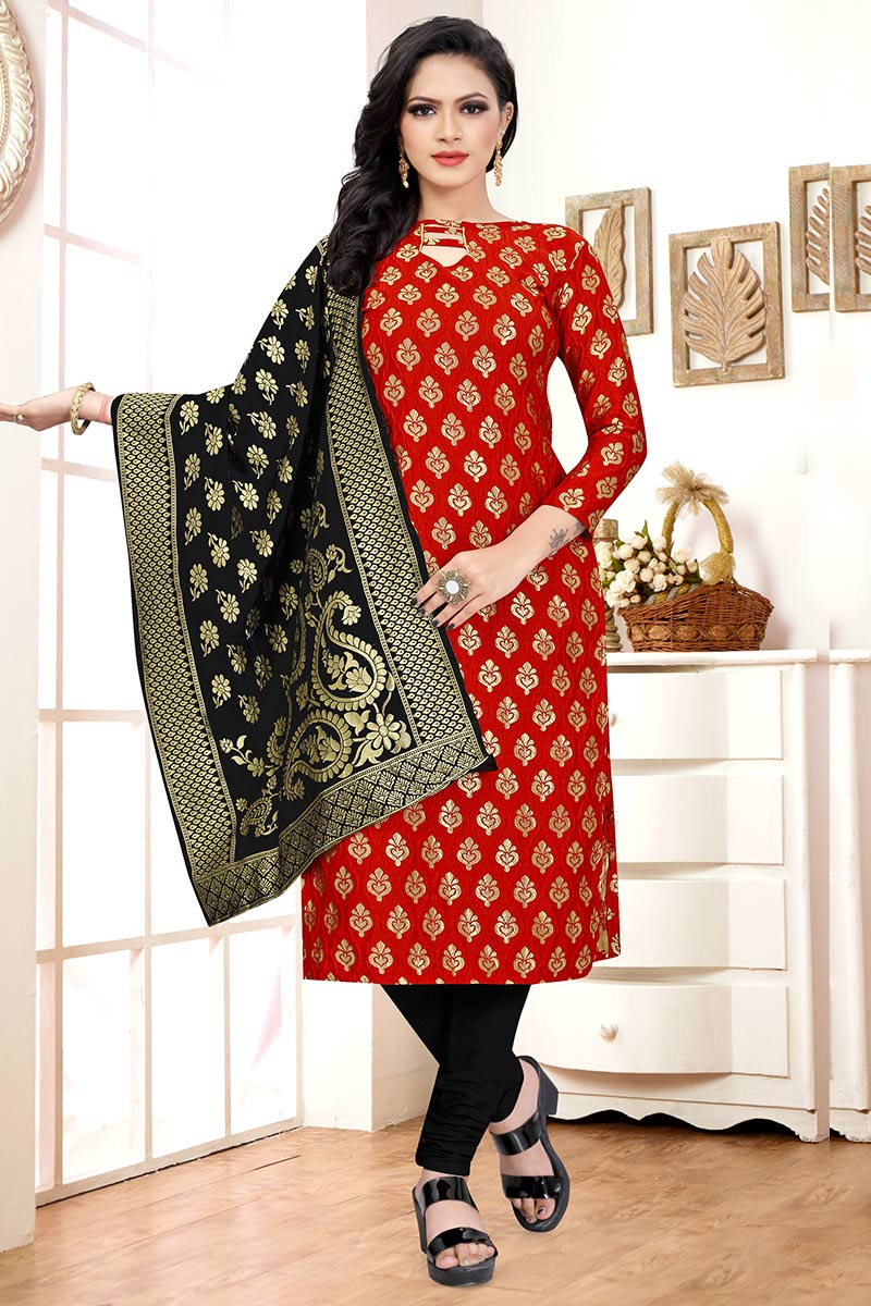 Woven Zari Jacquard Cherry Red Churidar Suit
