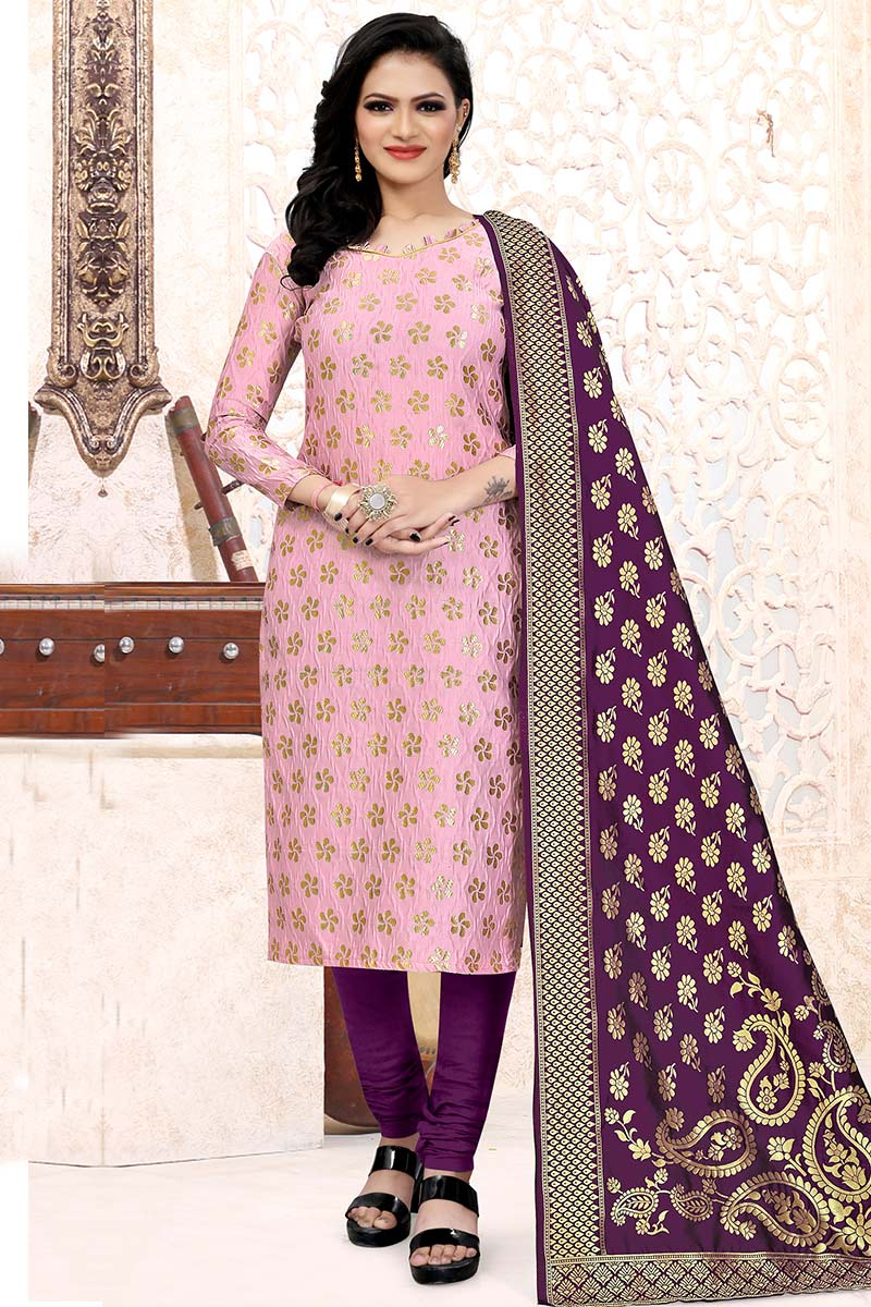 Woven Zari Jacquard Pink Churidar Suit