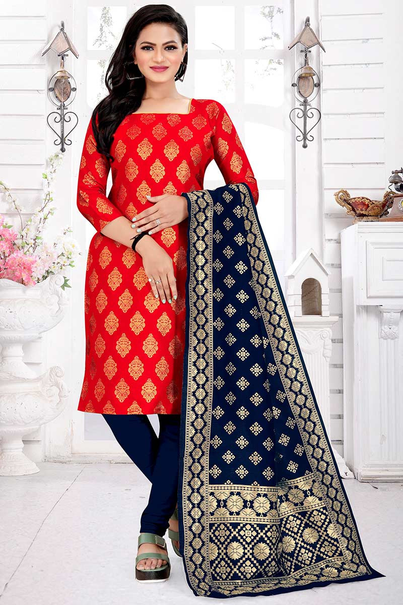 Trending Churidar Suit in Red Jacquard Fabric LSTV113212
