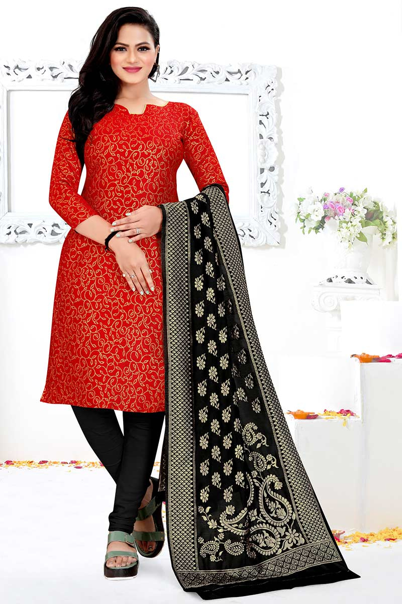 Woven Zari Jacquard Rust Orange Churidar Suit