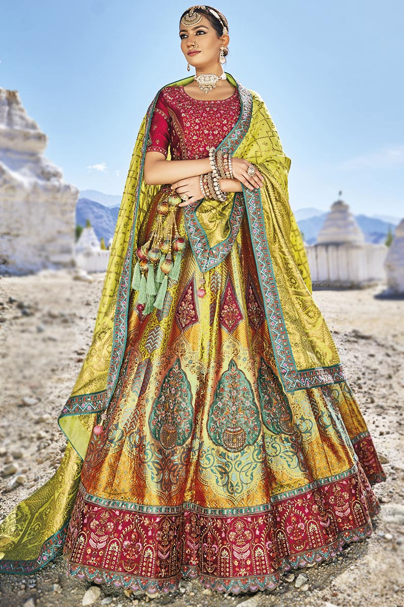 Woven Zari Multi Color Silk Panelled Style Lehenga 