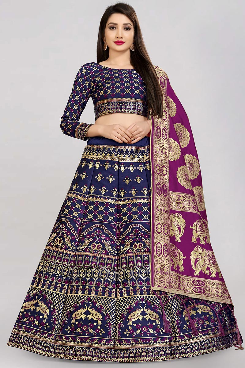 Woven Zari Navy Blue Lehenga Choli 