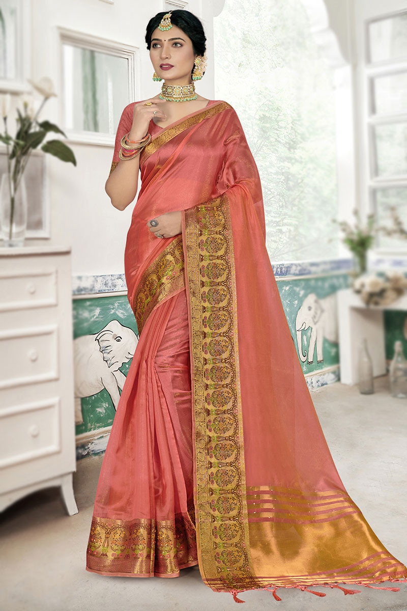 Silver Grey Tissue Zari Organza Saree