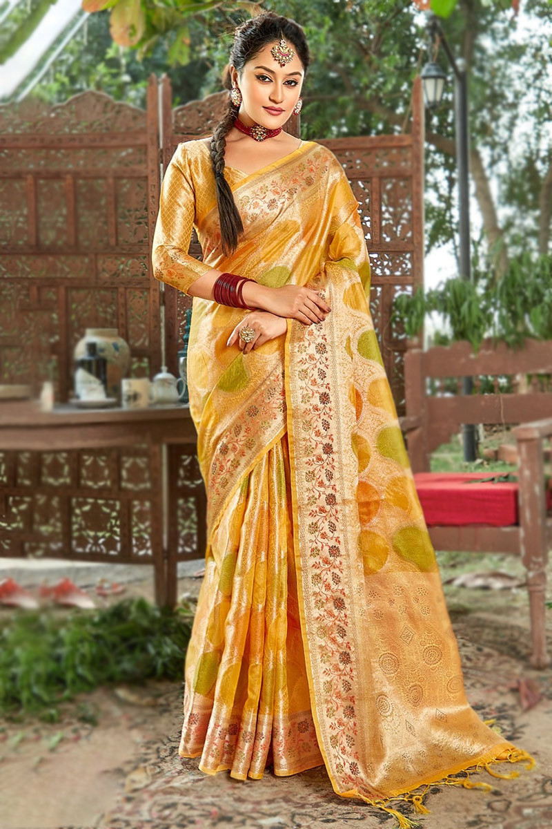 Mustard Floral Woven Organza Saree