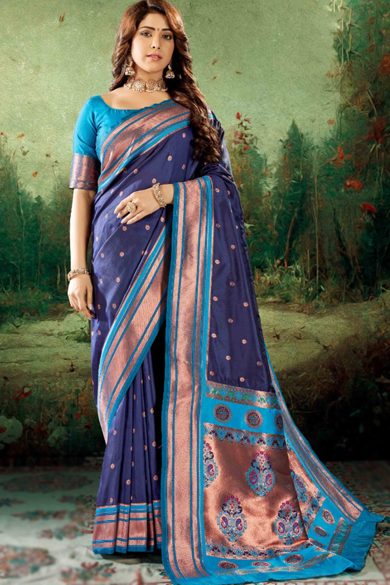 Buy Navy Blue Banarasi Silk Wedding Wear Paithani Saree Online From  Wholesale Salwar.