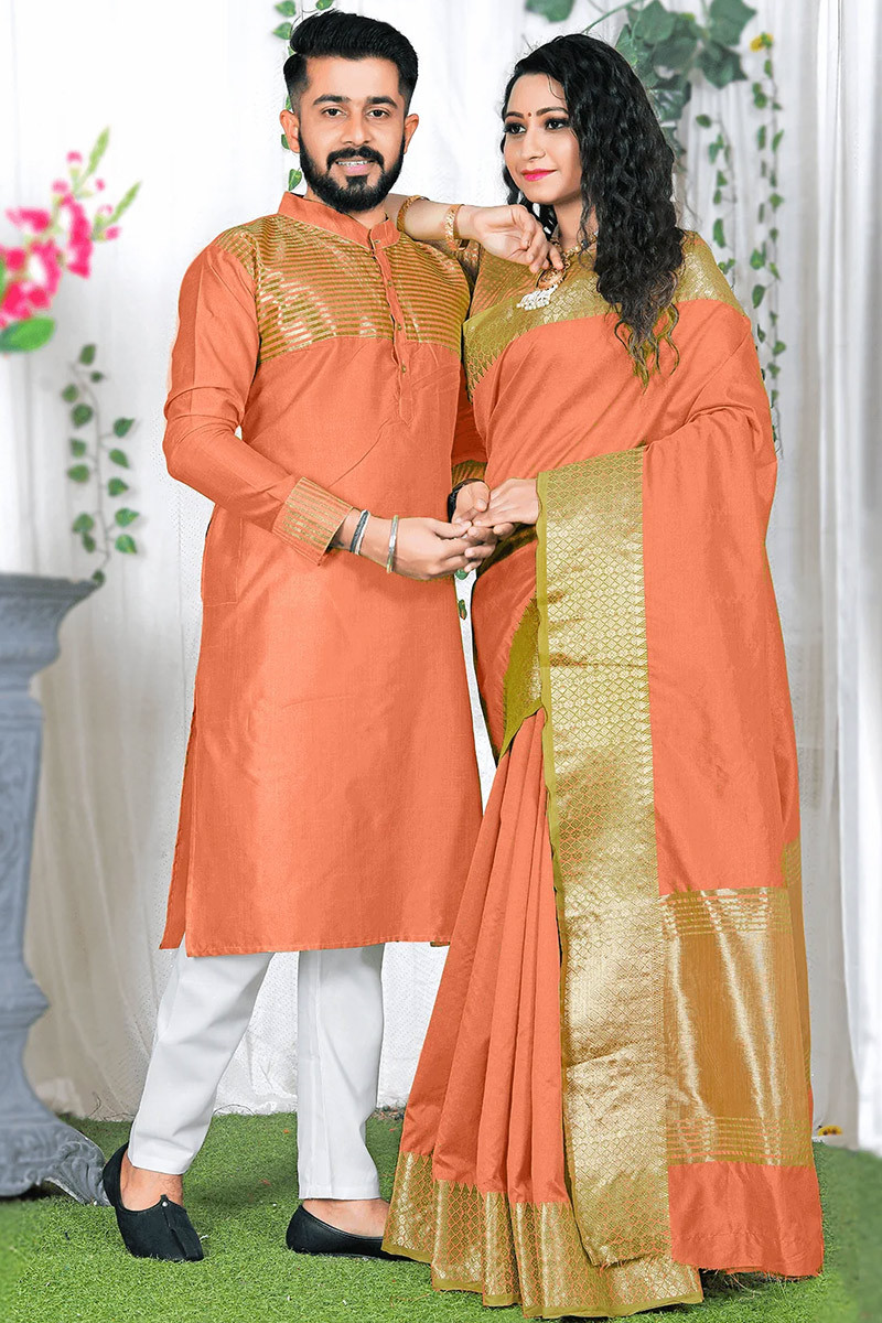 Woven Zari Salmon Orange Silk Couple's Outfit