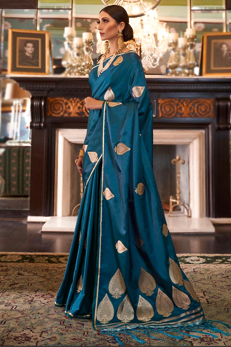 Bright Blue Color Satin Silk Base Ready To Wear Saree – Fabvilla