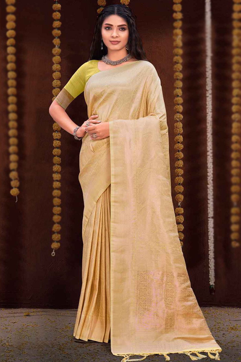 Silk Saree in Beige colour with Zari Embroidery for Wedding