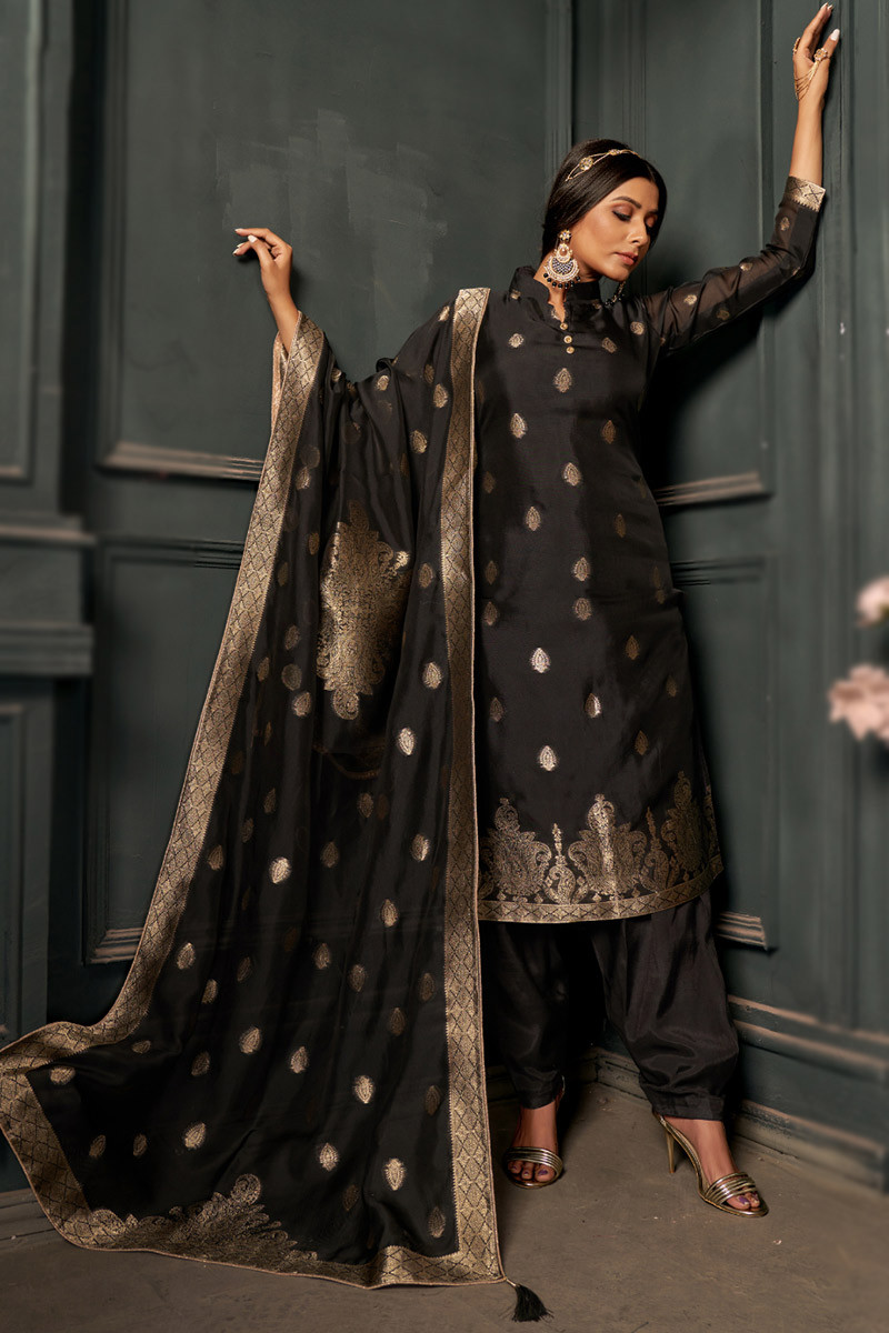 Buy Woven Zari Silk Black Patiala Salwar Suit LSTV117998