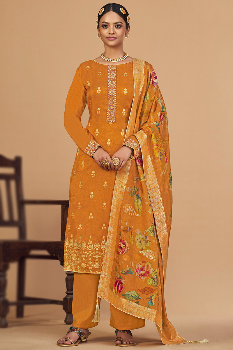 Woven Zari Silk Carrot Orange Trouser Suit