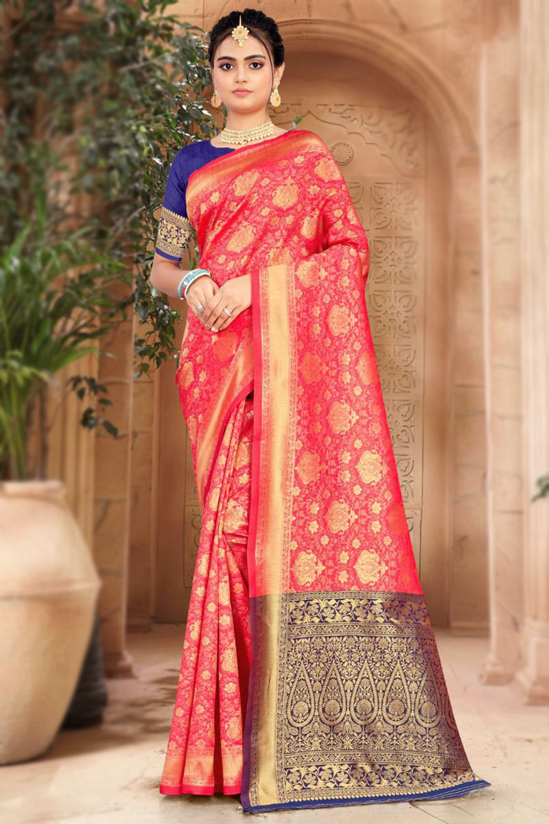 Coral Colour Woven Banarasi Silk Saree