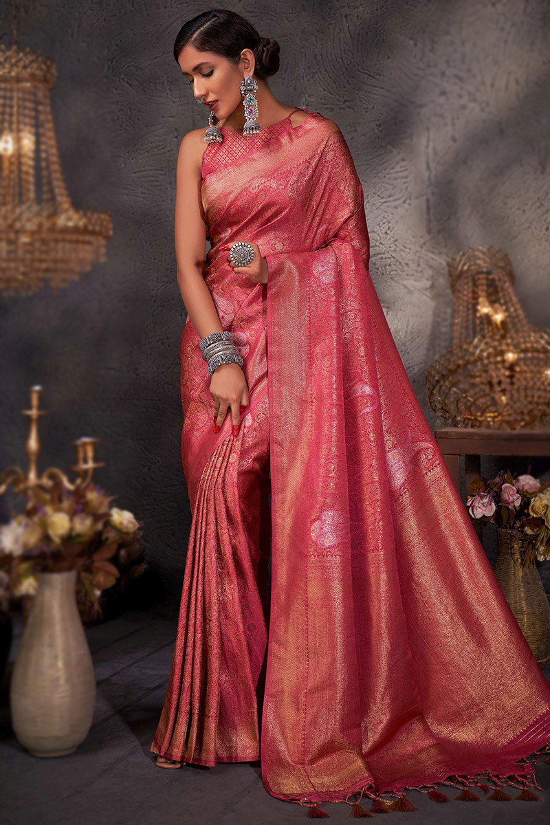 Buy Coral Pink Dori Work Organza Saree Online