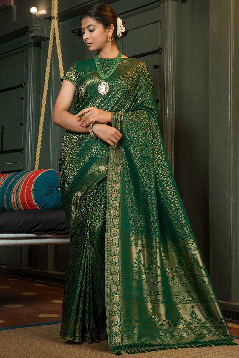 Buy Sea-Green Jacquard Kanjeevaram Silk Wedding Saree With Blouse From  Ethnic Plus