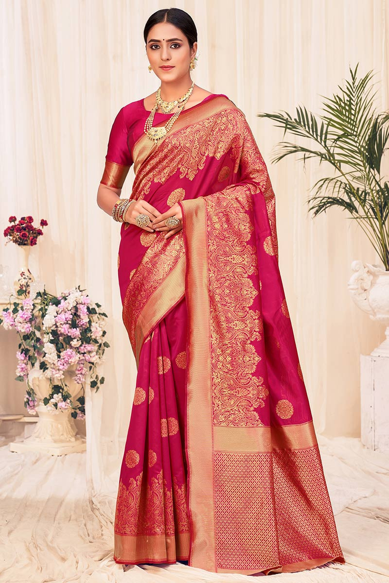 Woven Zari Silk Dark Pink Wedding Wear Saree