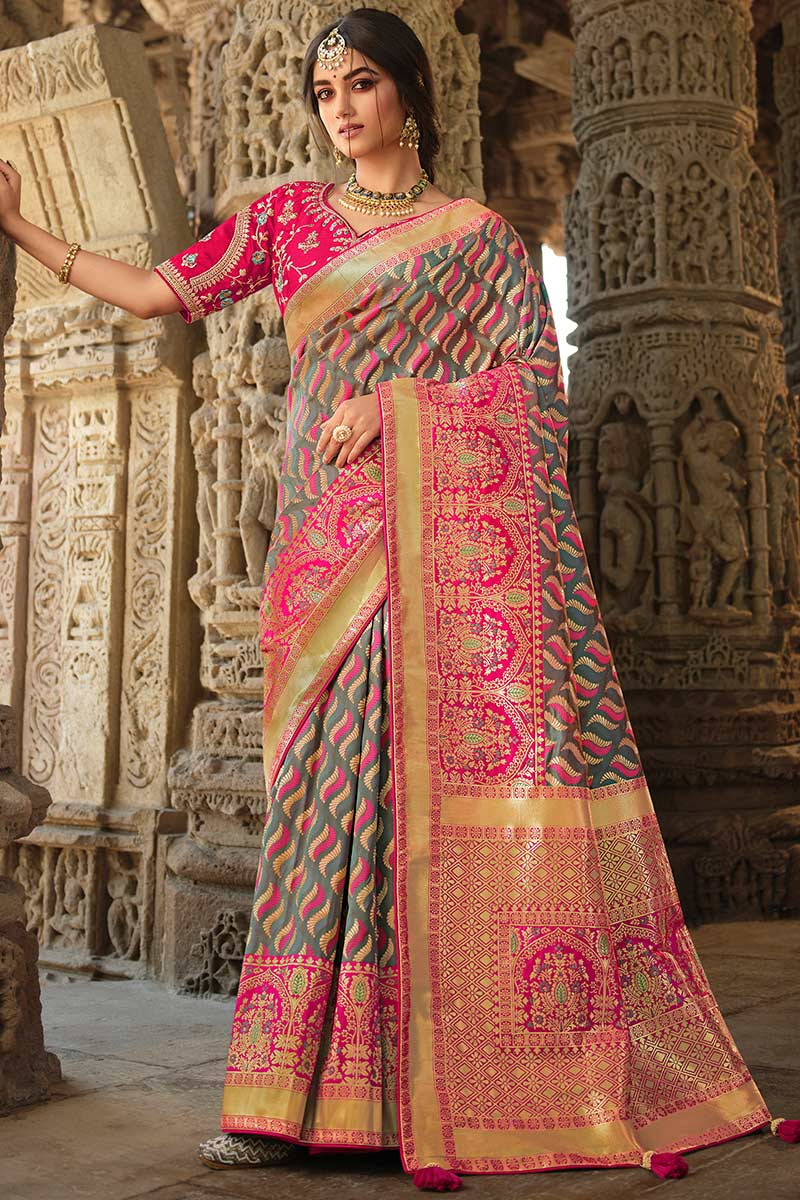 Ethnic Yard Women's Georgette Green Saree With Blouse Piece : :  Fashion