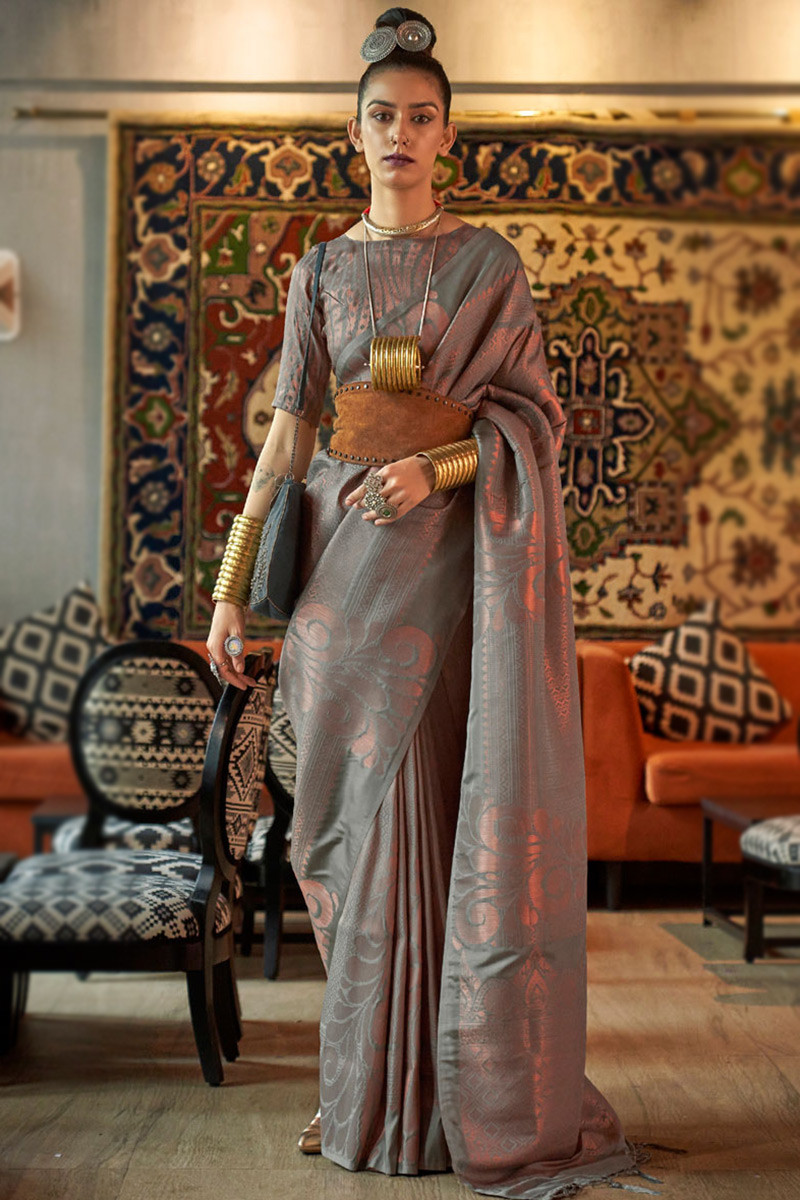 Party Wear Sarees USA Online Shopping,Party Sarees Blouse Designs Online  Shopping: Grey and Olive