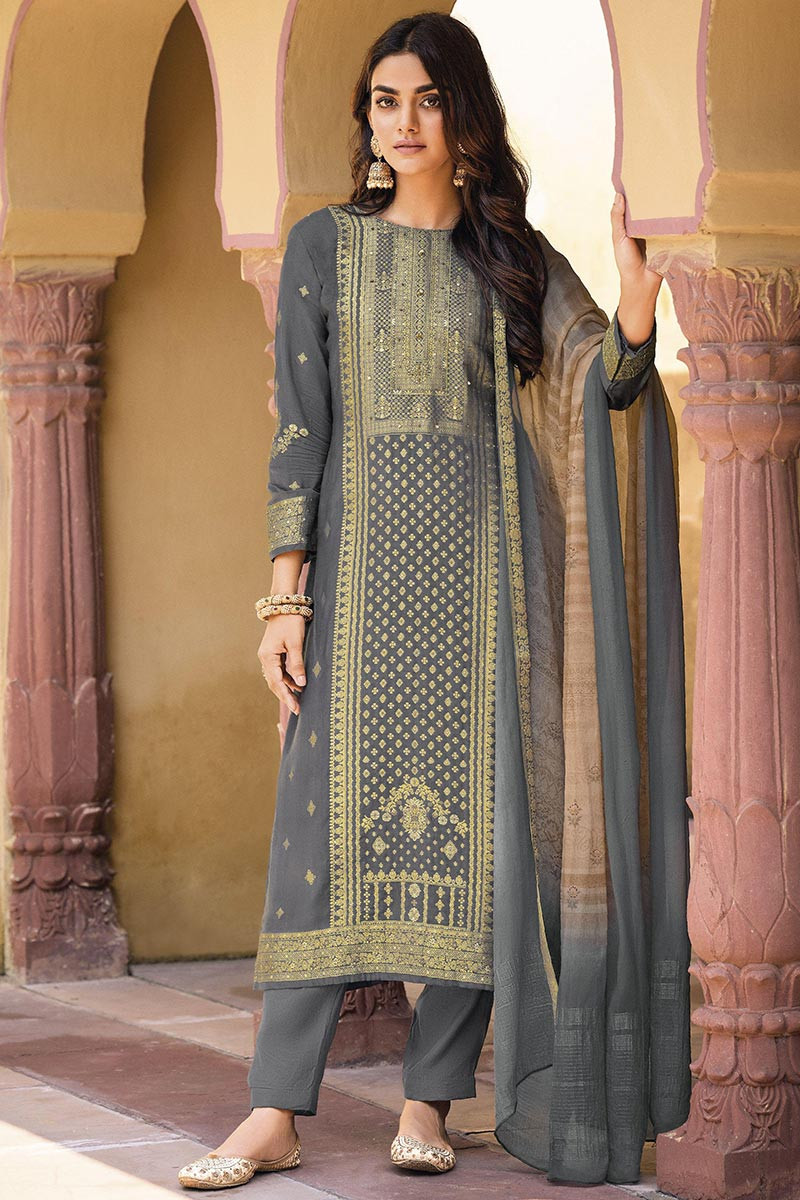 Woven Zari Silk Grey Trouser Suit