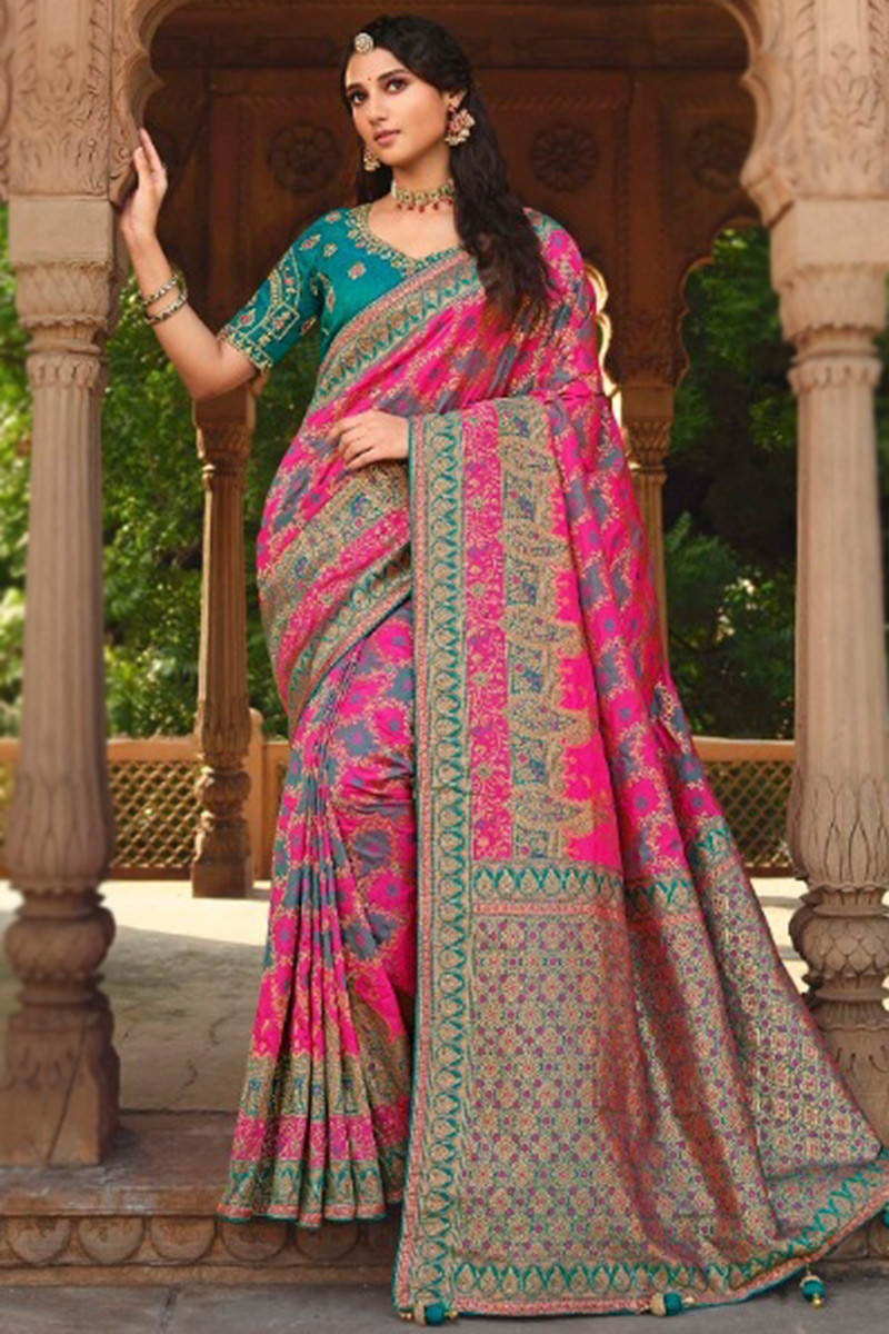 Buy Kanjivaram Silk Green and Hot Pink Woven Work Designer Contemporary Style  Saree Online