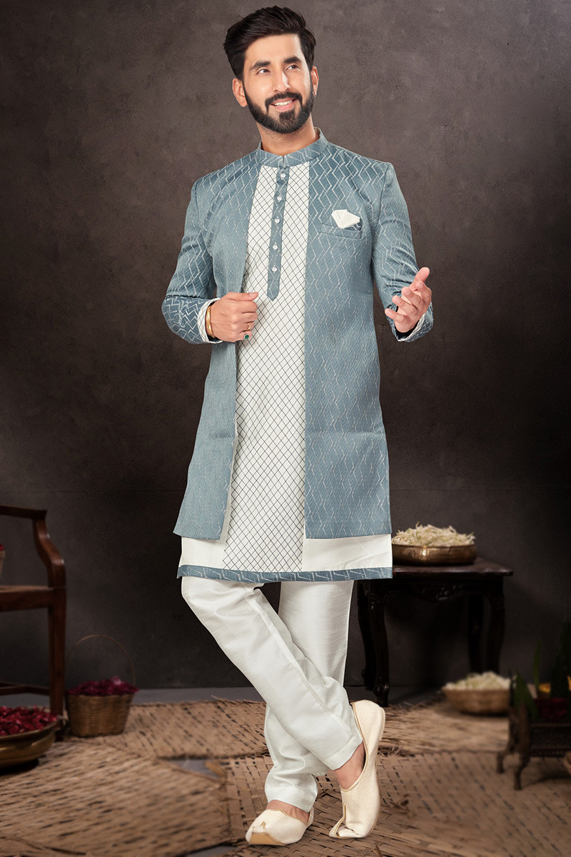 Woven Zari Silk Jacket Style Men s Off White Kurta Pajama