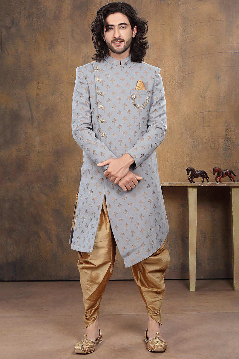 Designer Clothes Light Grey Men Sherwani With Woven Zari Work MSTV0694
