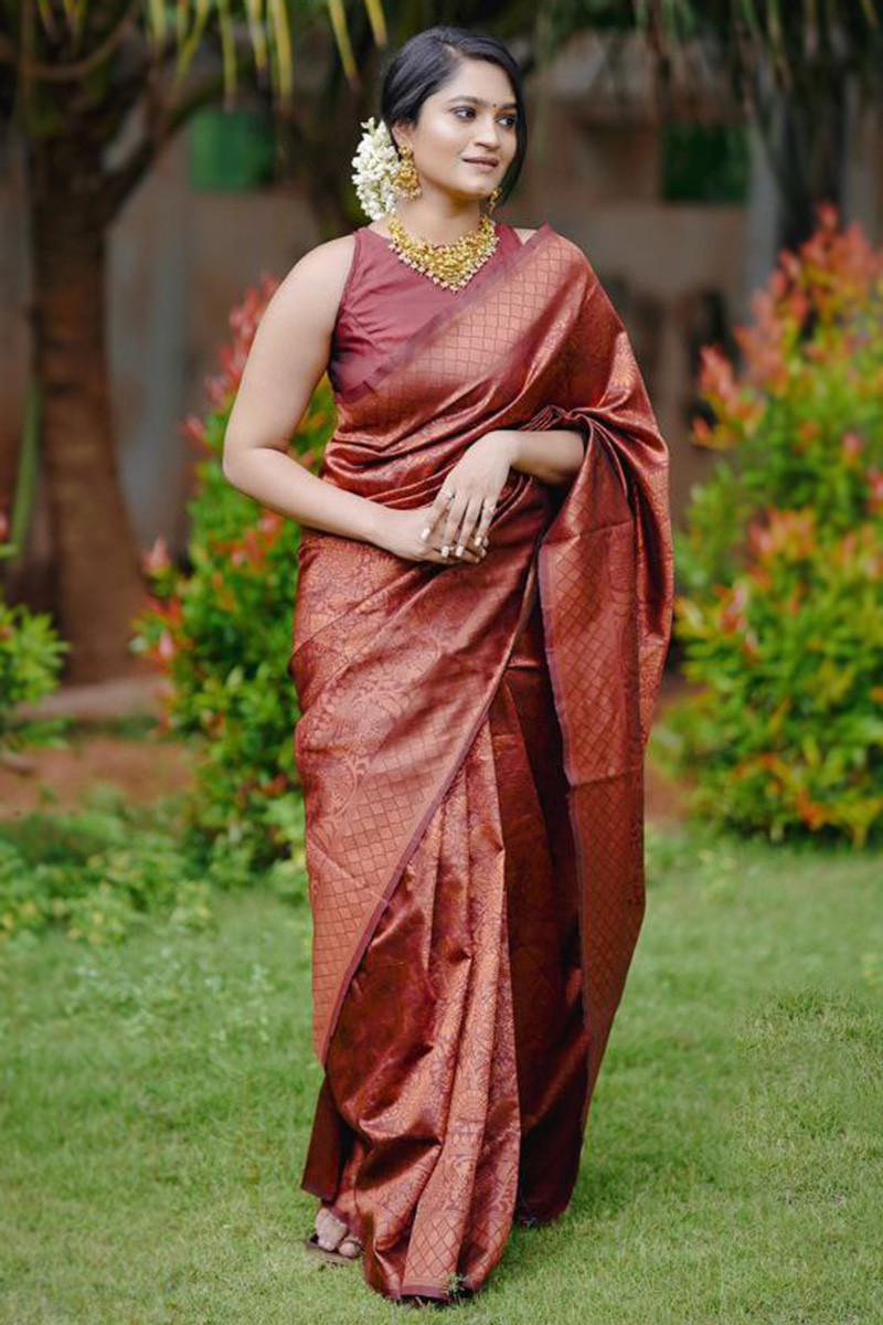 Maroon silk saree with blouse 117