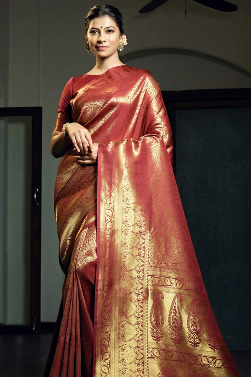 Popular Woven Zari Silk Maroon Wedding Saree SARV117853