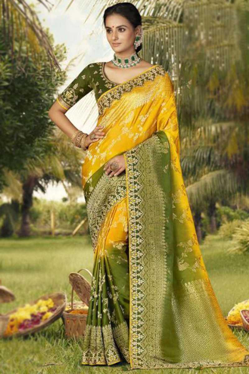 Yellow and Green Kanjeevaram Silk Saree for Haldi and Menhdi Function – The  Indian Rang