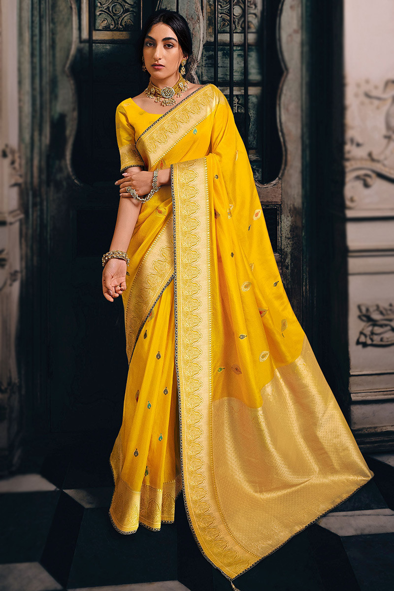 Buy Yellow Zari Embroidery Silk Wedding Saree With Blouse From Ethnic Plus-atpcosmetics.com.vn