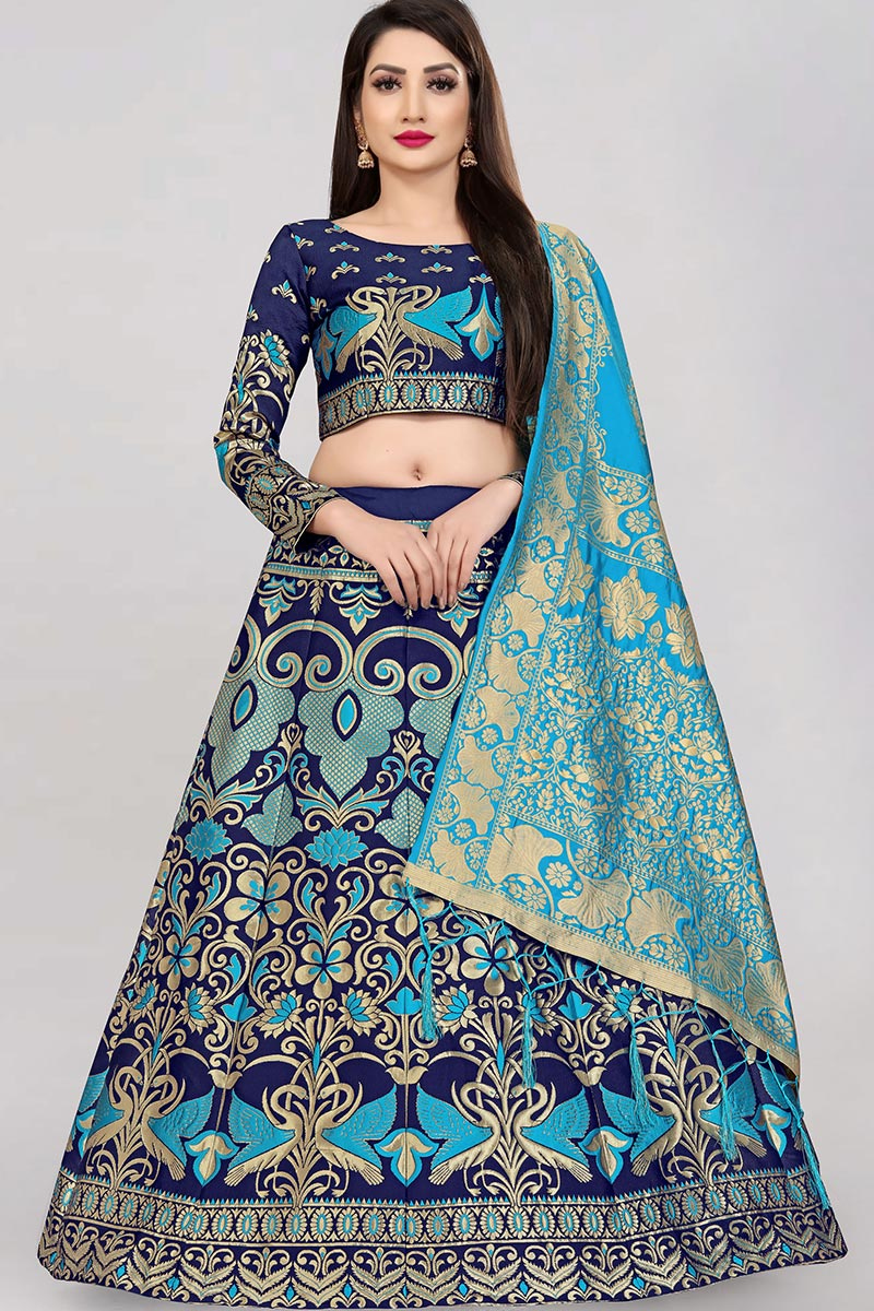 Woven Zari Silk Navy Blue A-line Lehenga Choli