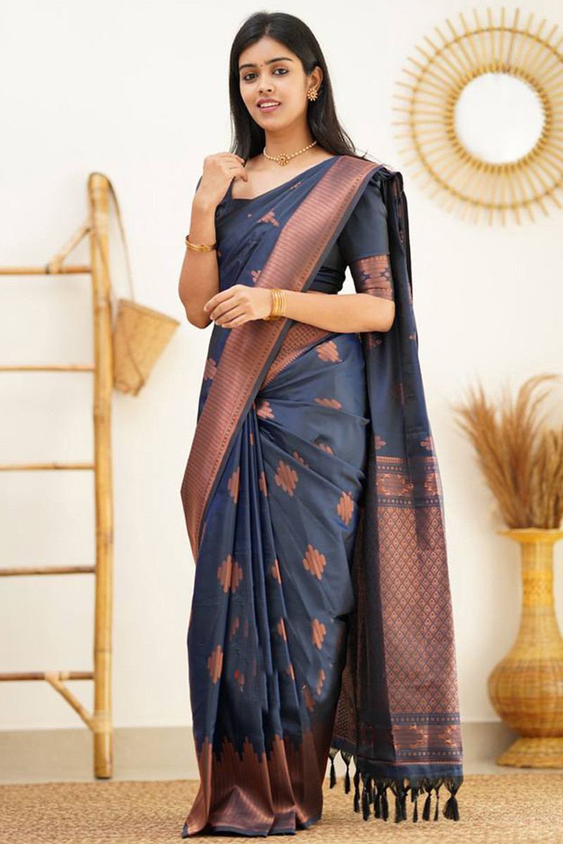Navy Blue Silk Traditional Designer Saree with Zari Work