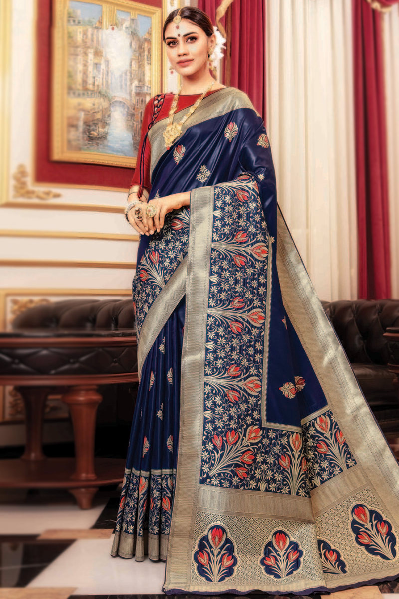 Andaaz boutique collection, Navy Blue Velvet And Net Saree