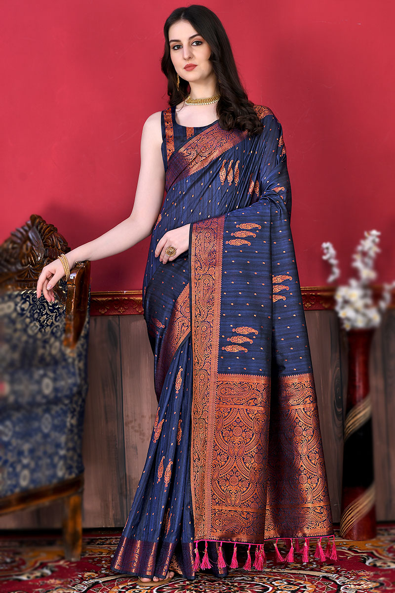 Navy Color South Silk Zari Woven Saree main image 1