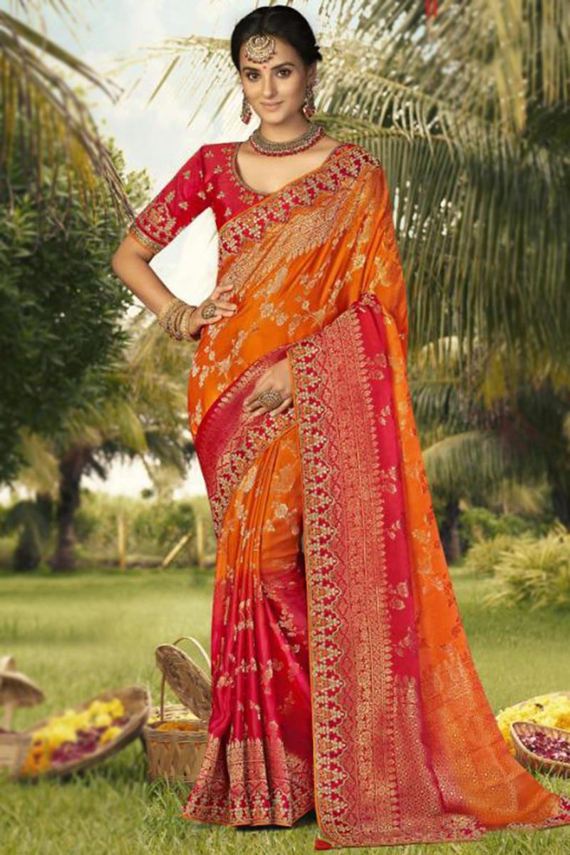 Orange pink party cheap wear saree