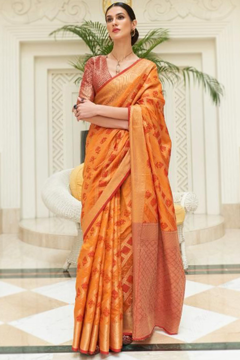Orange Bridal Saree with Floral Border - Saree Blouse Patterns