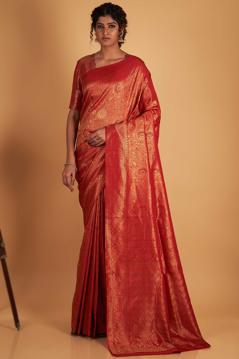 Buy Copper Red Sarees for Women by Indie Picks Online | Ajio.com