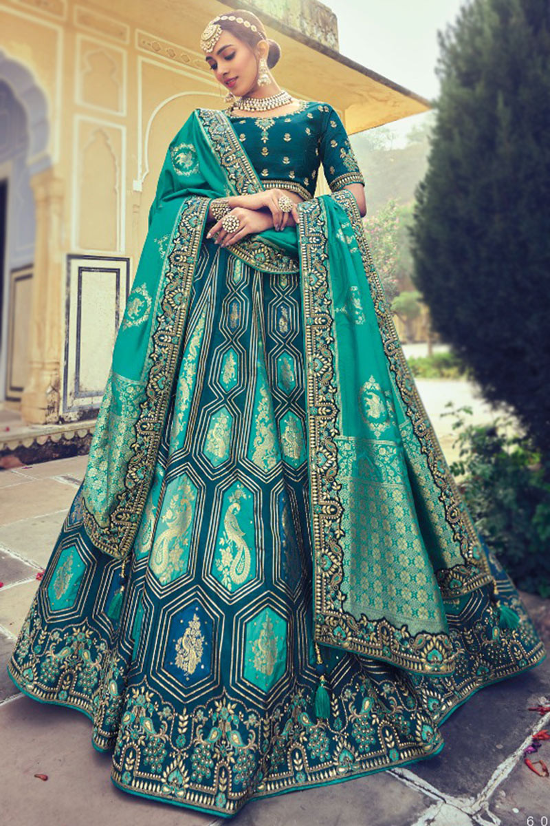 Blue Silk Embroidered Lehenga with matching blouse and Organza Dupatta –  The House Of Kosh