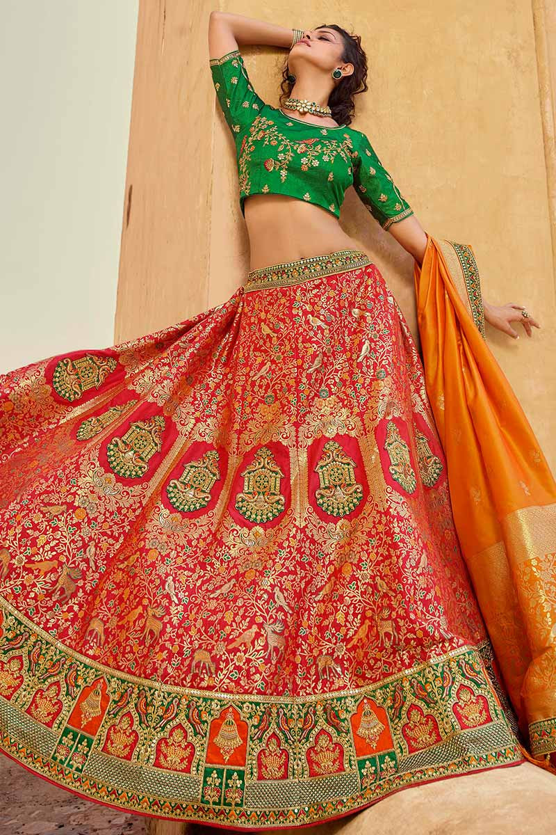 Green & Red Coloured Designer Banarasi Lehenga Choli with Dupatta!! –  Royskart