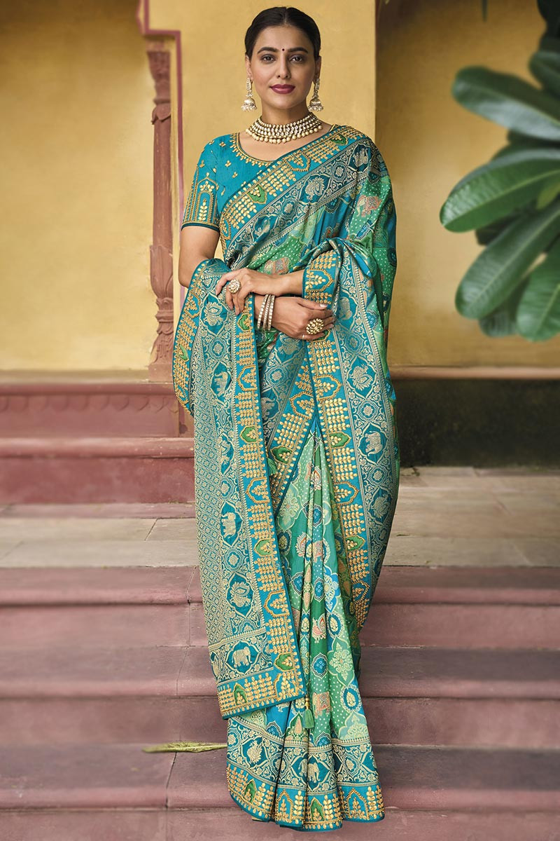 Buy Online Beautiful Sky Blue Firozi Silk lichi Jacquard Saree With  Unstitched Running Blouse From Fashion Bazar At Best Price.