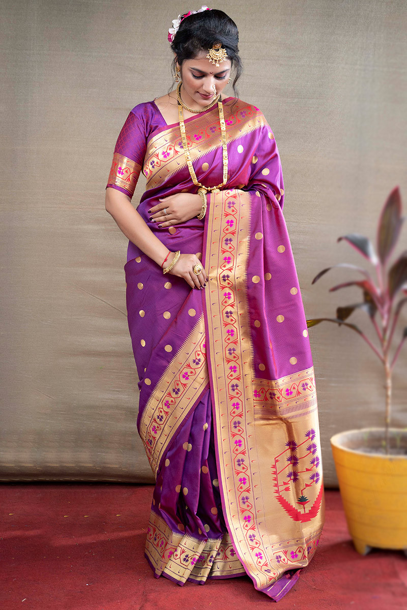 Odette Women's Violet Banarasi Silk Saree with unstitched Blouse