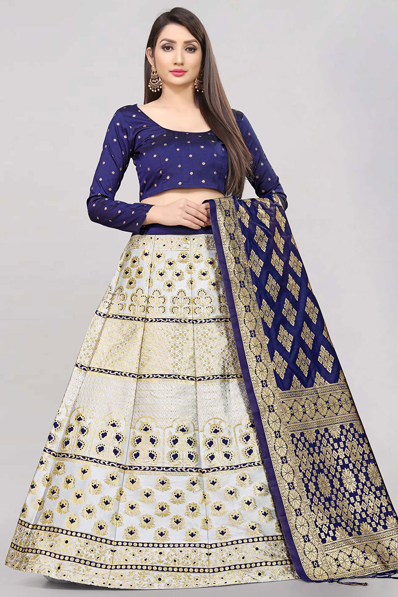 Woven Zari Silk White Lehenga